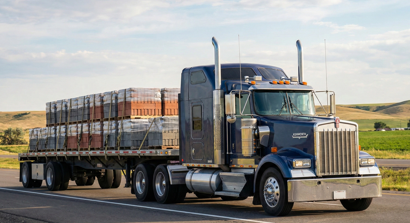 Standard flatbed trailer hauling construction materials
