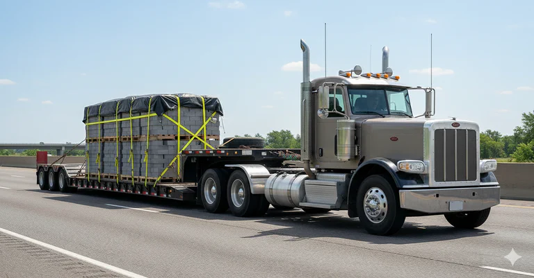 A photograph of a semi truck hauling concrete pavers on a flatbed truck.
