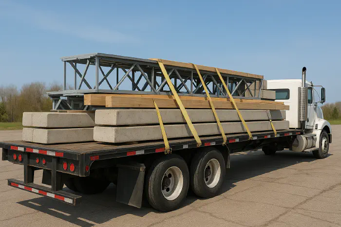 Flatbed trailer transporting palletized concrete pavers safely'