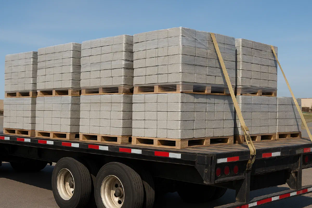 Flatbed trailer transporting palletized concrete pavers safely'
